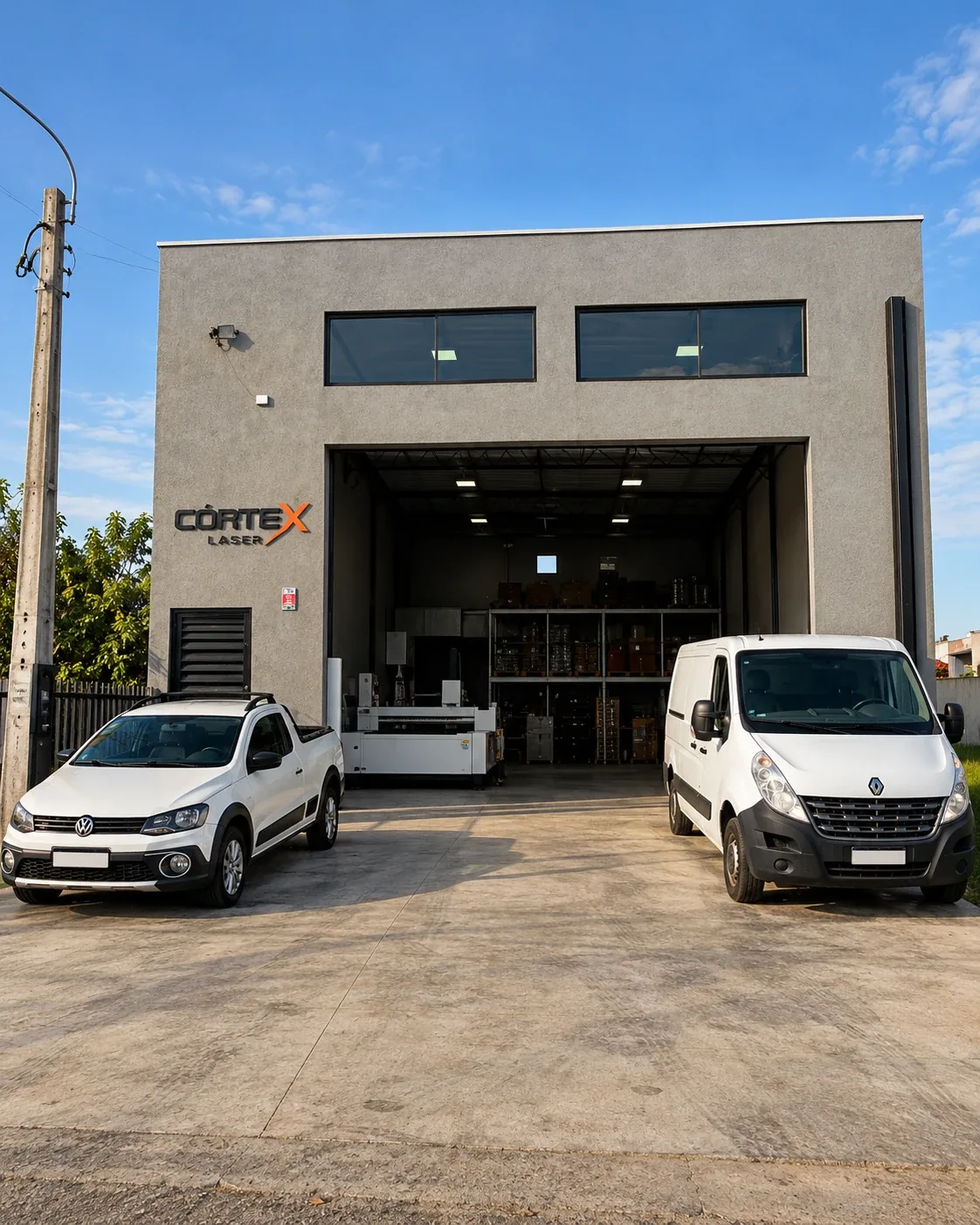 Fachada da Córtex Laser em Hortolândia, com o portão aberto mostrando a máquina de corte
