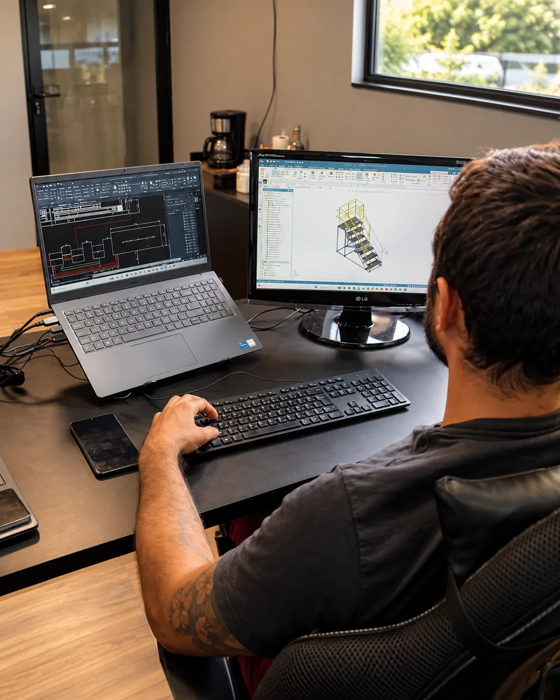 Desenhista da Córtex desenvolvendo o projeto em 3D no computador